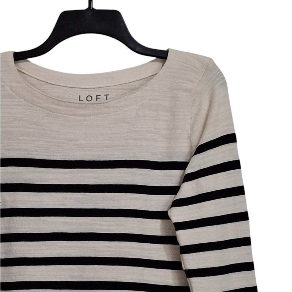 LOFT Sweater Top XS Ivory Black Striped 3/4 Sleeve‎ Neutral Classic Casual